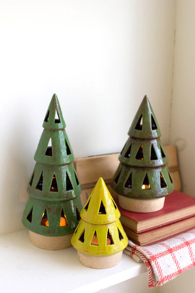 Set Of Three Ceramic Christmas Tree Lanterns