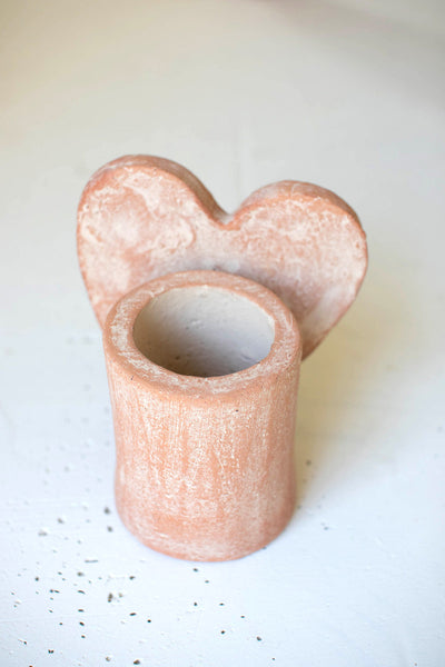 Set Of Two White-Wash Clay Heart Vases